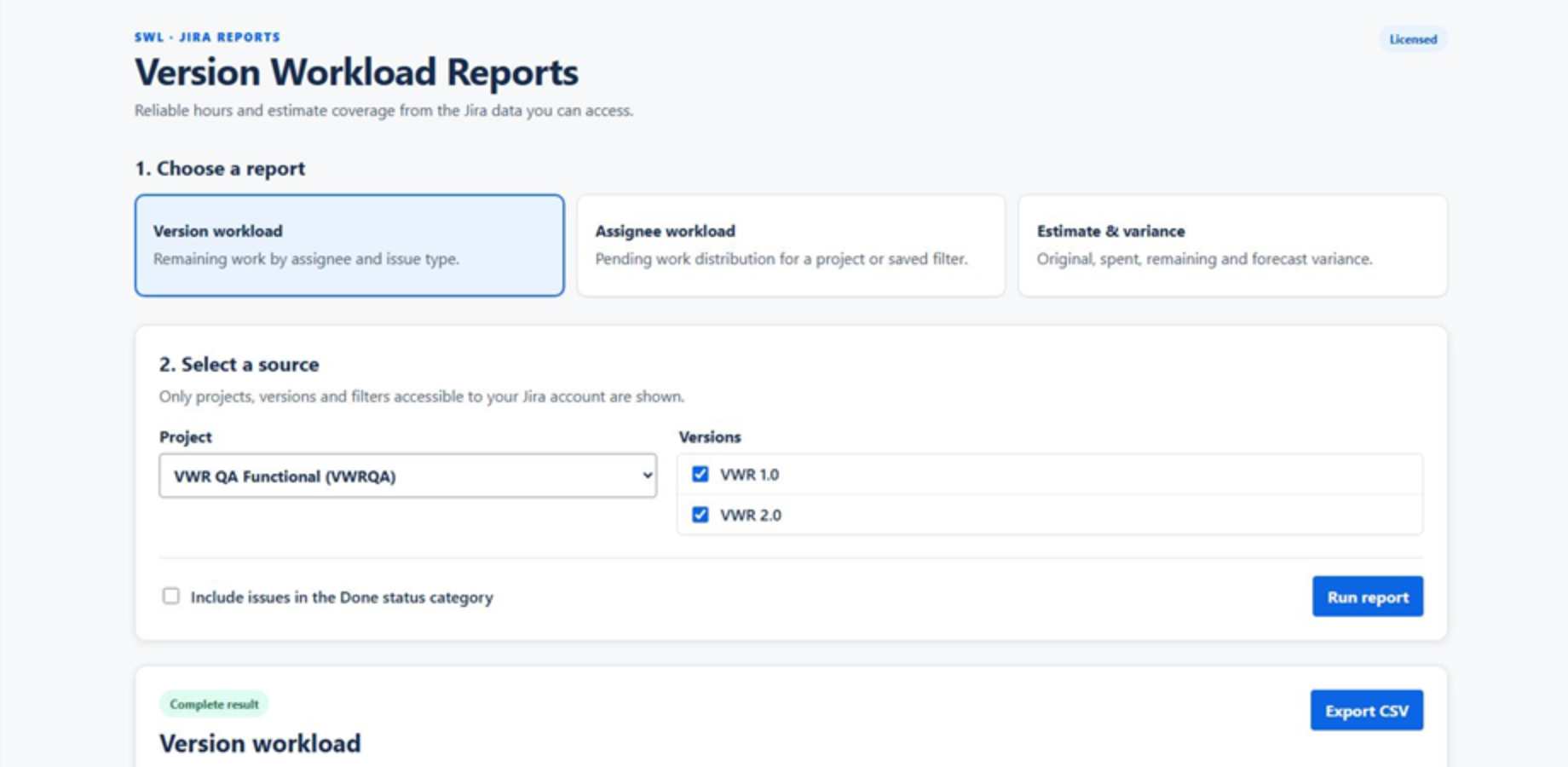 Version Workload Reports showing its three report choices, a synthetic QA project, two selected versions, and a complete result.
